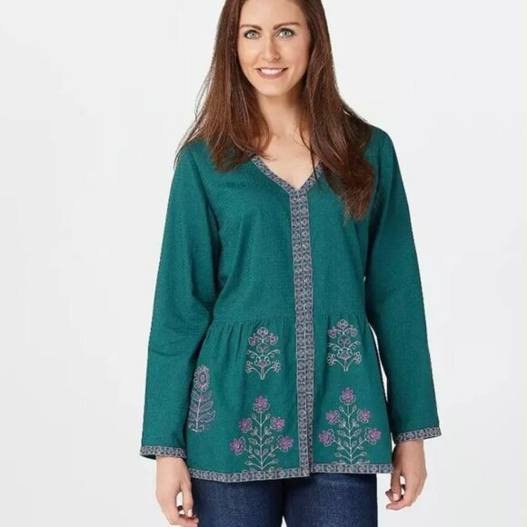 Logo Lavish by Lori‎ Goldstein Woven Cardigan Women Small Green Floral QVC Boho - Picture 1 of 9